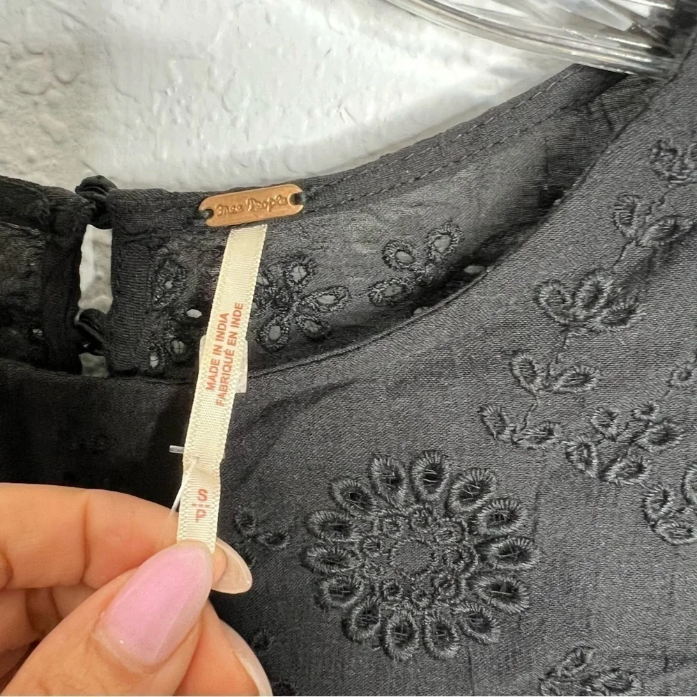 Free People Top Women Small Shirt Blouse Black Semi Sheer Valencia Babydoll E